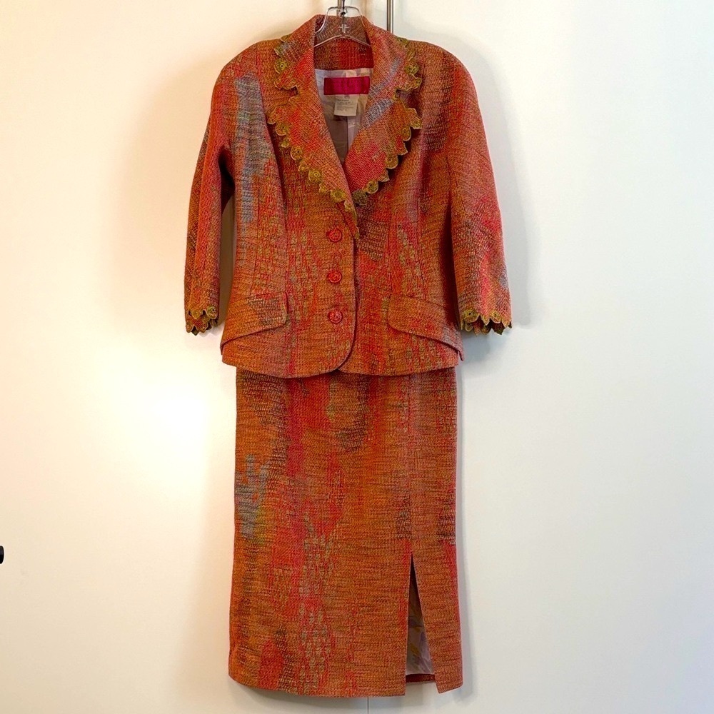 Christian Lacroix Paris Vintage Couture Pink and Yellow Patterned Skirt Suit